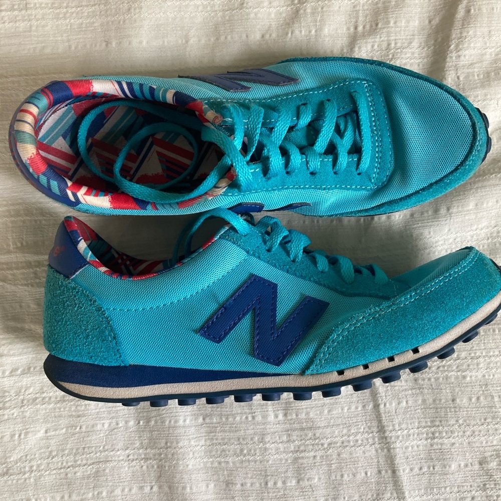 New Balance 410, size 7, blue, white, and red